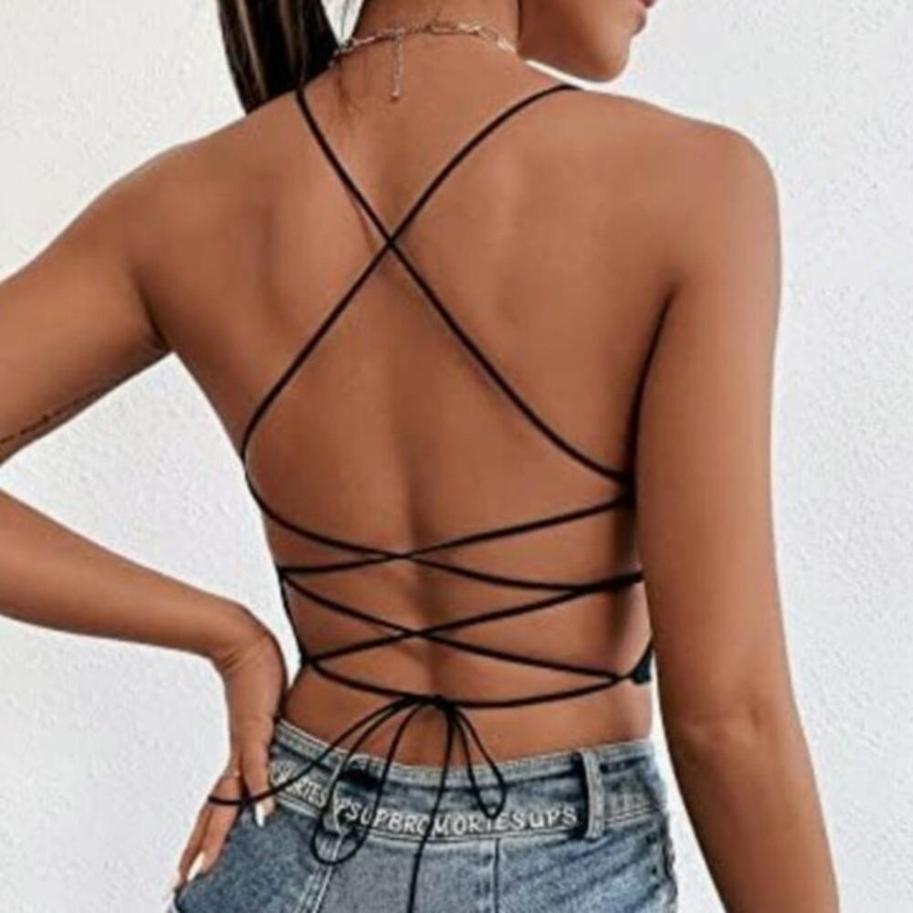 Shein EUC Backless Lace Up Sleeveless Halter Cami Top 8-10 Medium black